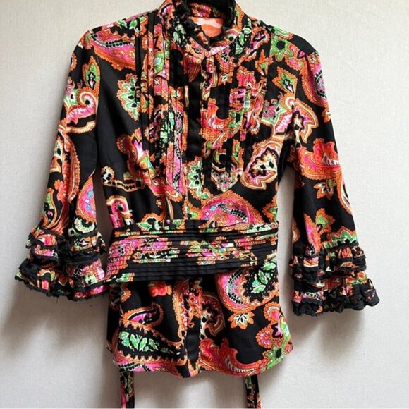 Almatrichi Madrid paisley boho belted 3/4 lace sleeve blouse Sz S/M 19” PTP - Picture 1 of 11